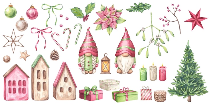 Photo christmas gnomes banner set in red green colours xmas attributes spruce gift boxes balloons star