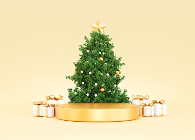 Christmas Gold podium pedestal luxury product display with Christmas tree and gift box abstract background 3D illustration empty display scene presentation for product placement