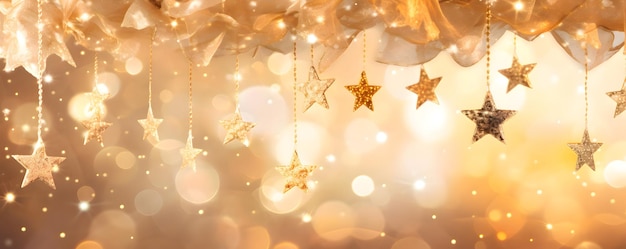 クリスマスの金の星がキラキラと光るバナー背景のお祝いのテーマ