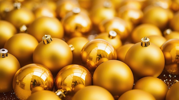 Christmas gold yellow baubles close up Abstract holiday decorations background