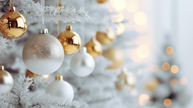 Christmas golden ball with white decor hanging on the Christmas tree with bokeh lights background