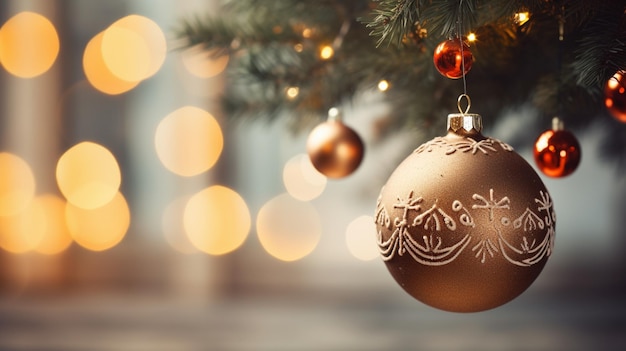 Christmas Golden Bauble hanging on Table bokeh background