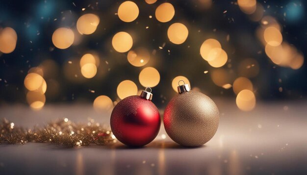 Christmas golden and blue balls with bokeh lights on a green tree with cones winter background