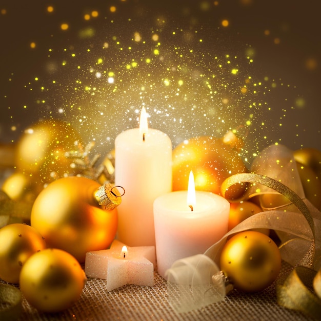 Christmas Golden Candles Background with Baubles and Ribbons Magic xmas night with beautiful sparkle lights
