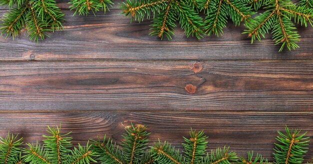 Christmas gray wooden  with fir tree and, top view banner empty space 