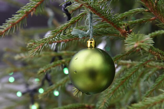 Christmas green ball hanging on Christmas tree outside.