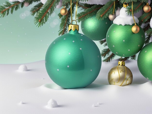 Christmas green baubles on green background christmas background