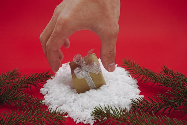 Christmas green gift box and pine branches. A hand taking a gift. Isolated on red background