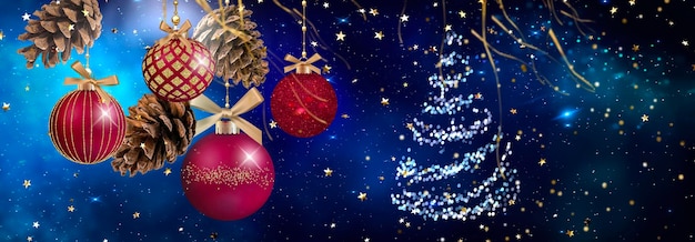 Рождественская зеленая ветка сосны с конусом, зимняя синяя праздничная снежная золотая звезда, конфетти