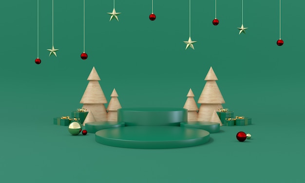 Фото Новогодняя зеленая тема продукта с елкой и звездами для промо или баннера 3d иллюстрации premium фотографии