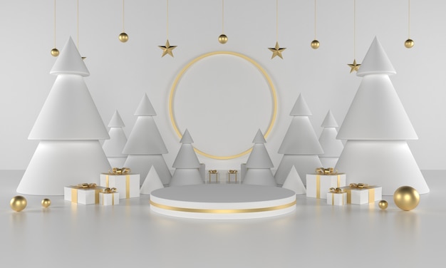 プロモーションやバナーの3Dイラストプレミアム写真のための木と星とクリスマスグリーンテーマ製品ステージ