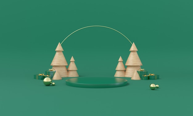 Christmas green theme product stage with tree and stars for promo or banner 3d illustration Premium Photo