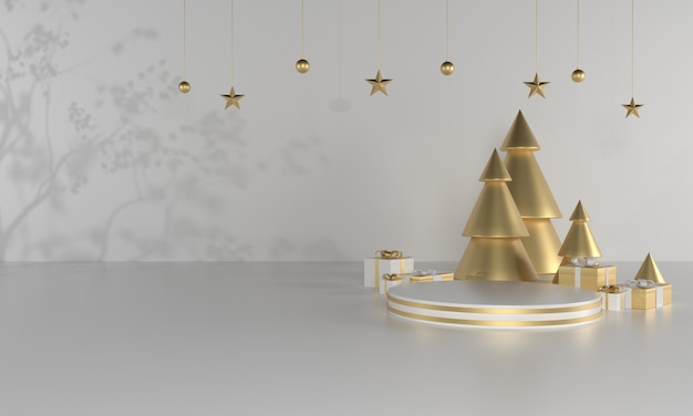 Christmas green theme product stage with tree and stars for promo or banner 3d illustration Premium Photo