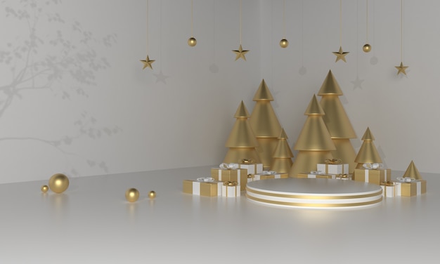 Christmas green theme product stage with tree and stars for promo or banner 3d illustration Premium Photo