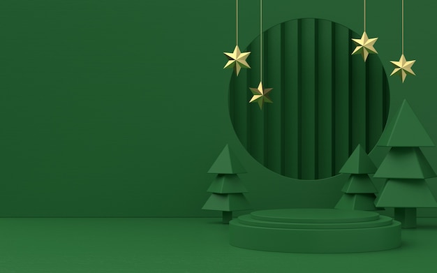 プロモーションやバナーのツリーと星のクリスマスグリーンテーマ製品ステージ。 3Dイラスト