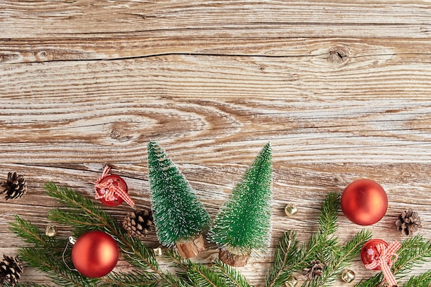 Christmas greeting banner on wooden backround flat lay