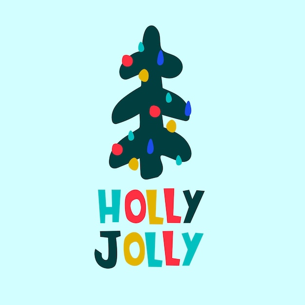 クリスマス グリーティング カード デザイン テンプレート明るい色の背景に ornamets で飾られた手描きのモミの木ヒイラギ陽気な手のレタリング