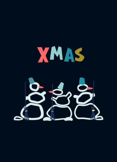 Christmas greeting card design template Hand drawn funny snowmen with broomsticks Xmas multicolored hand lettering on dark blue background