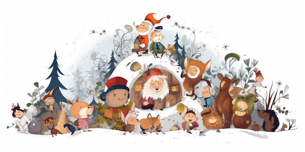 Christmas greeting card design with fairy tale characters