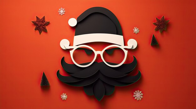 Christmas greeting card featuring a paper hipster Santa Claus beard mustache and Xmas hat against a backdrop in the modern paper cut style Generative AI