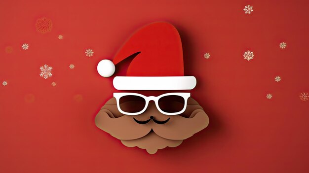 Photo christmas greeting card featuring a paper hipster santa claus beard mustache and xmas hat against a backdrop in the modern paper cut style generative ai