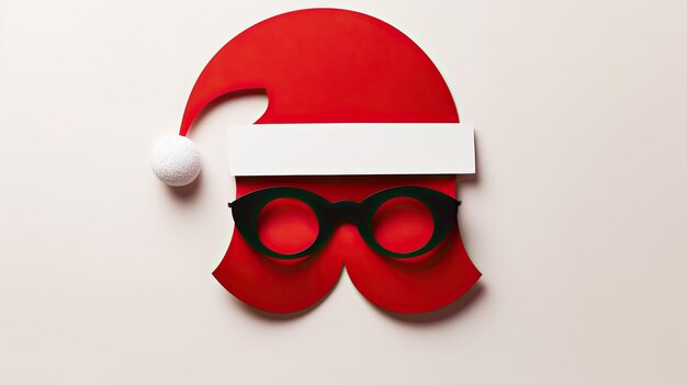 Photo christmas greeting card featuring a paper hipster santa claus beard mustache and xmas hat against a backdrop in the modern paper cut style generative ai