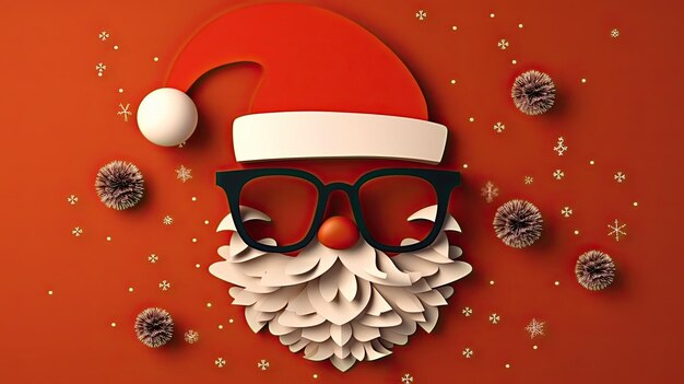 Christmas greeting card featuring a paper hipster santa claus beard mustache and xmas hat against a backdrop in the modern paper cut style generative ai