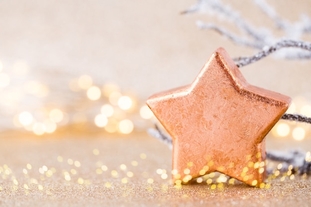 Christmas greeting card. Festive decoration on bokex silver background.