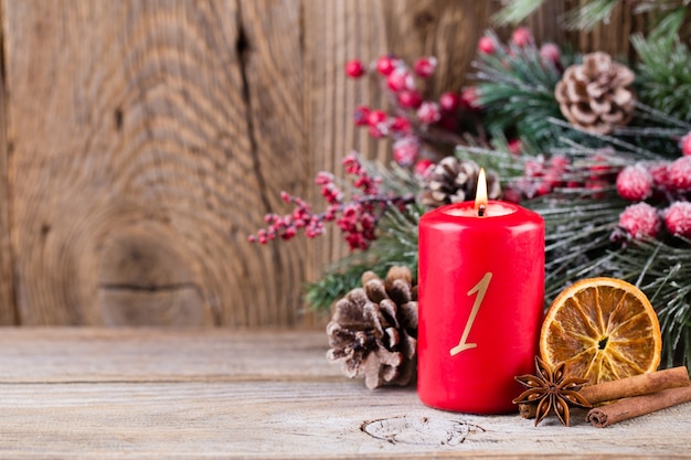 Christmas greeting card. Festive decoration on wooden background. New Year concept. Copy space.  Flat lay. Top view.