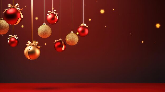 Christmas greeting card mockup elegant xmas baubles and golden decorations on red background