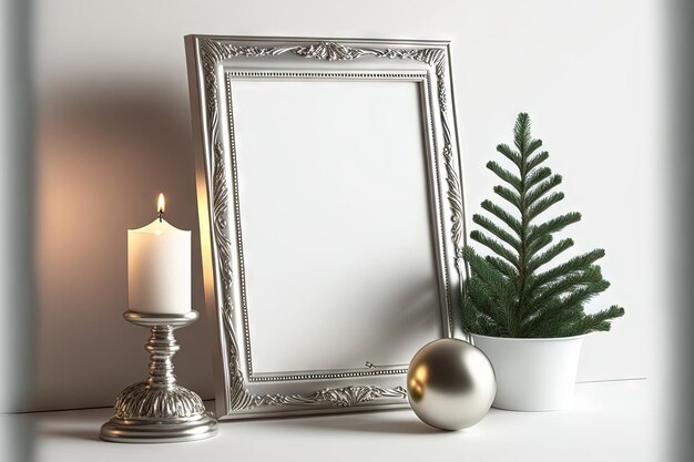 Christmas greeting card mockup or vintage style silver photo frame with a candle metal ball