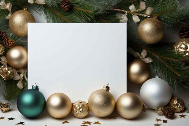 Christmas greeting card mockup with baubles and fir tree branches