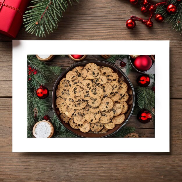 Photo christmas greeting card with fir tree cookies and candles