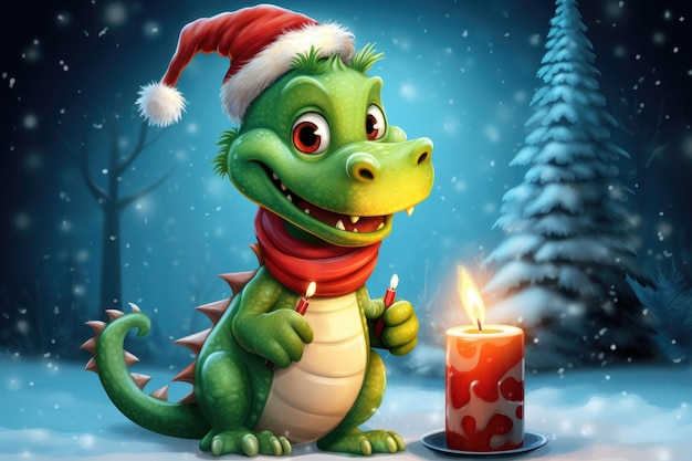 Christmas greeting card with funny green dragon symbol of 2024