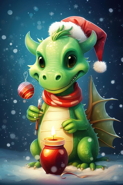 Christmas greeting card with funny green dragon symbol of 2024