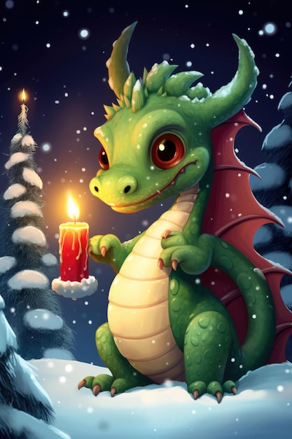 Christmas greeting card with funny green dragon symbol of 2024