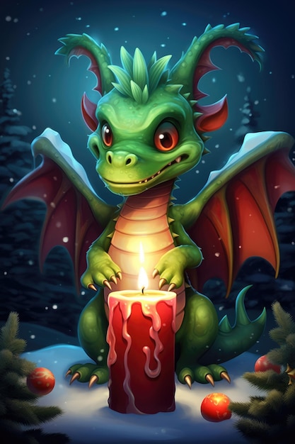 Christmas greeting card with funny green dragon symbol of 2024