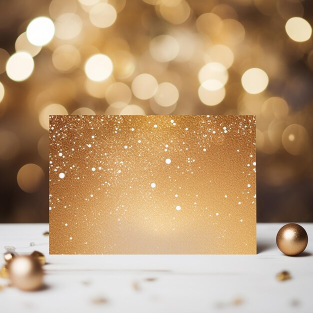 Christmas greeting card with golden glitter on bokeh lights background