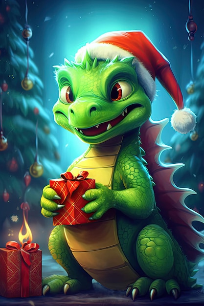 Рождественская открытка с зеленым драконом в красной шапке Санта-Клауса с подарками в коробках под елкой зимой. Символ китайского Нового 2024 года.