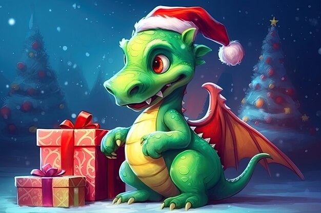 赤いサンタ クロースの帽子をかぶった緑のドラゴンと冬のクリスマス ツリーの下の箱にプレゼントが入ったクリスマス グリーティング カード 2024 年の旧正月のシンボル