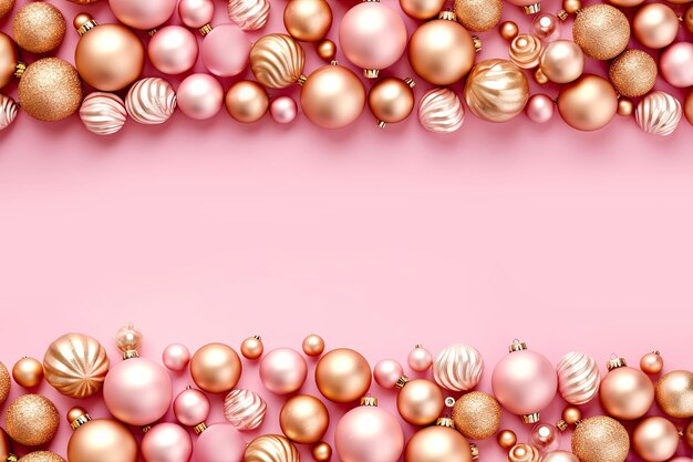 Christmas greeting card with pink and golden glass balls on pink background Generative AI