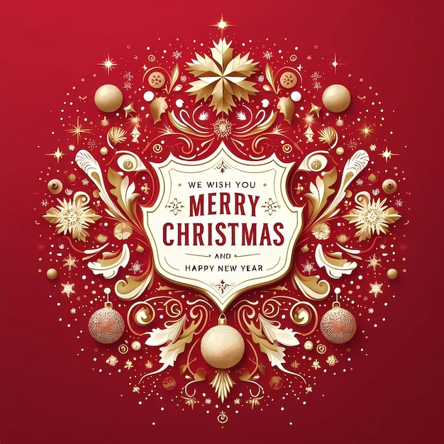 A Christmas greeting card with a red background with gold and white snowflakes