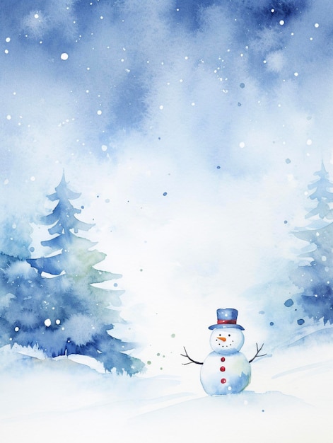 Christmas greeting card with snowman in winter forest Watercolor illustration