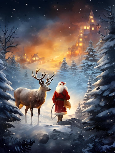 Christmas Greetings Card background design Santa christmas tree winter reindeer Generative AI