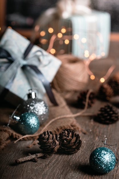 Christmas - a group of gifts on the background of garlands