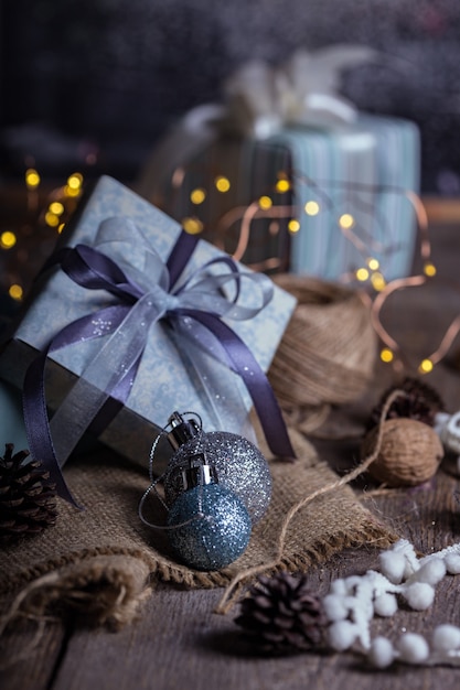 Christmas - a group of gifts on the background of garlands