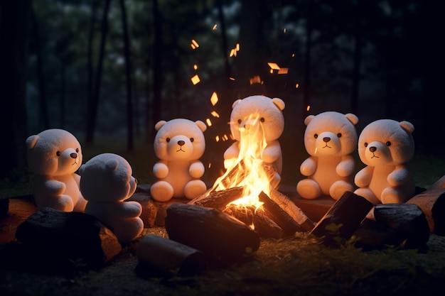 Christmas group of teddy bears sitting around a camp