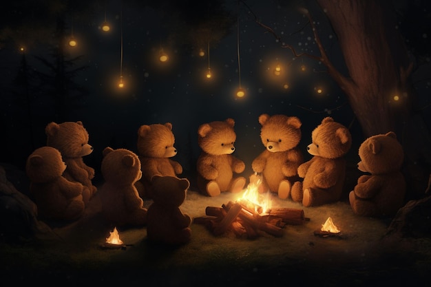 Christmas group of teddy bears sitting around a camp