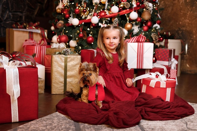 크리스마스 행복 어린 소녀와 개가 크리스마스 휴가를 준비하고 있습니다. 귀여운 강아지 산타와 크리스마스 선물과 크리스마스 트리 근처에 있는 소녀