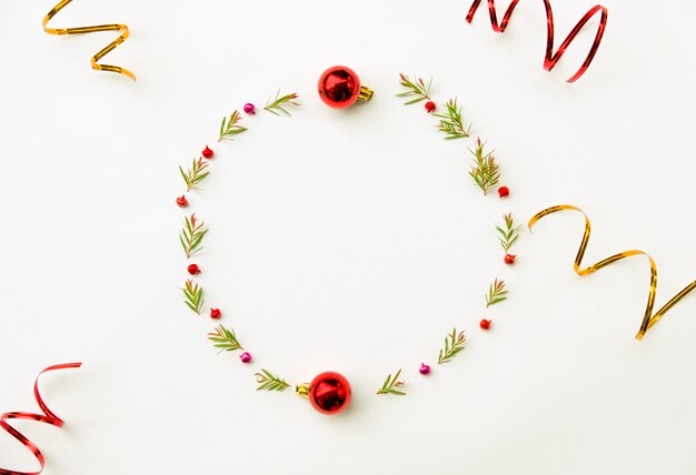 Christmas and Happy new year composition. Wreath from green fir leaf